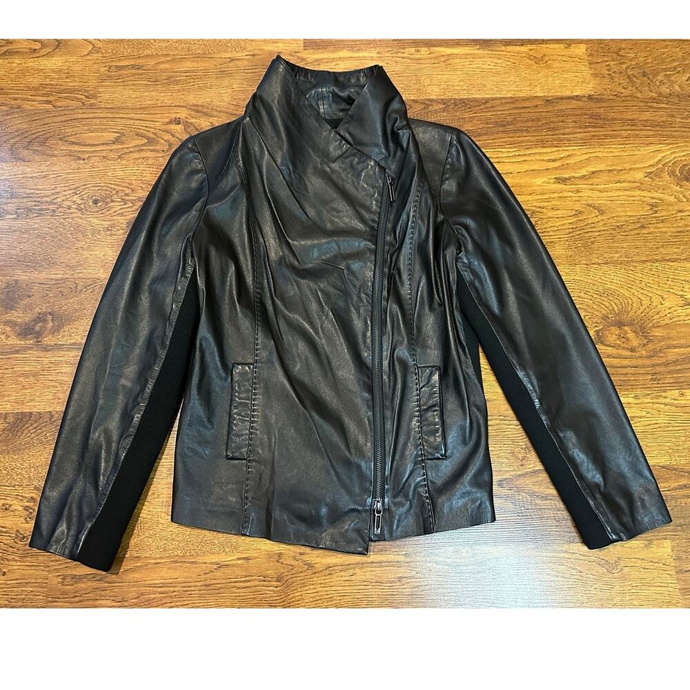 Vince Leather Scuba Moto Jacket Women's Large Black Funnel Neck Edgy Minimalist